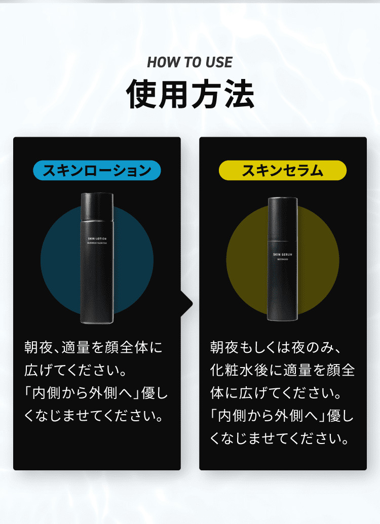 HOW TO USE 使用方法 スキンローション・スキンセラム使用方法説明 朝夜適量を顔全体に広げてください 内側から外側へ優しくなじませてください