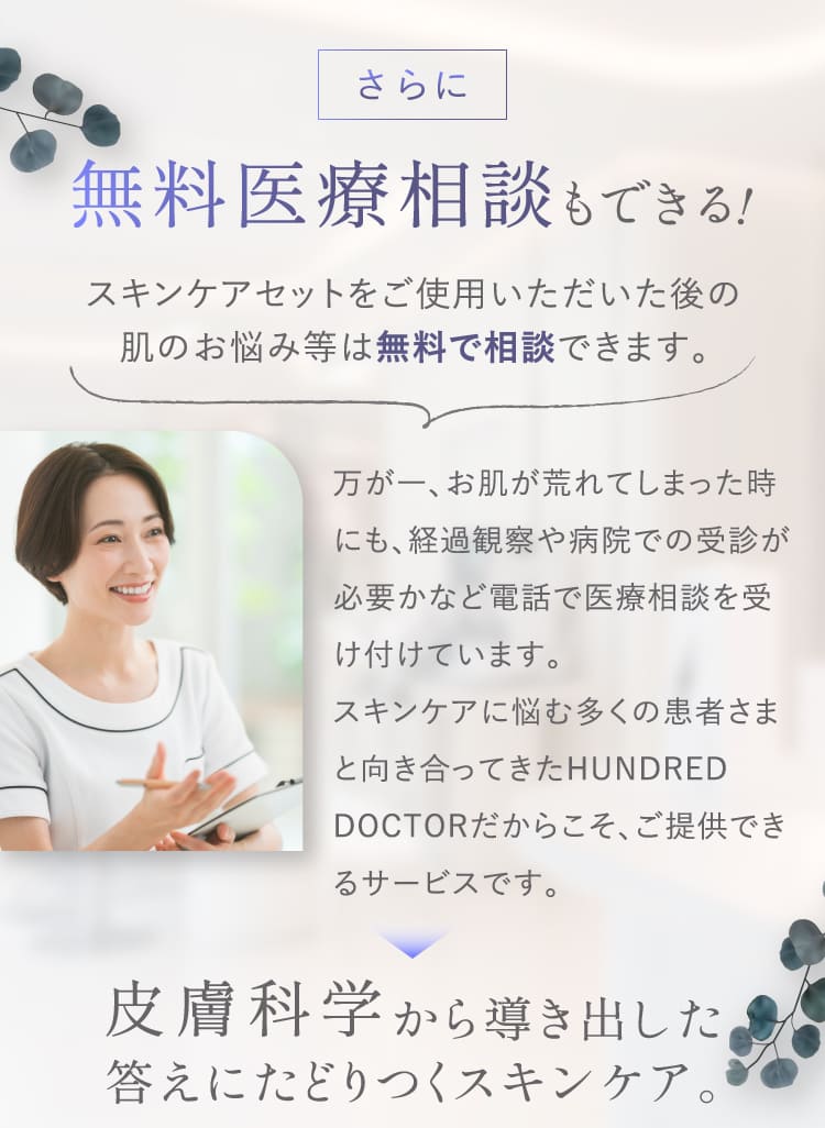 さらに無料医療相談もできる スキンケアセット使用後の肌の悩み等は無料で相談できます