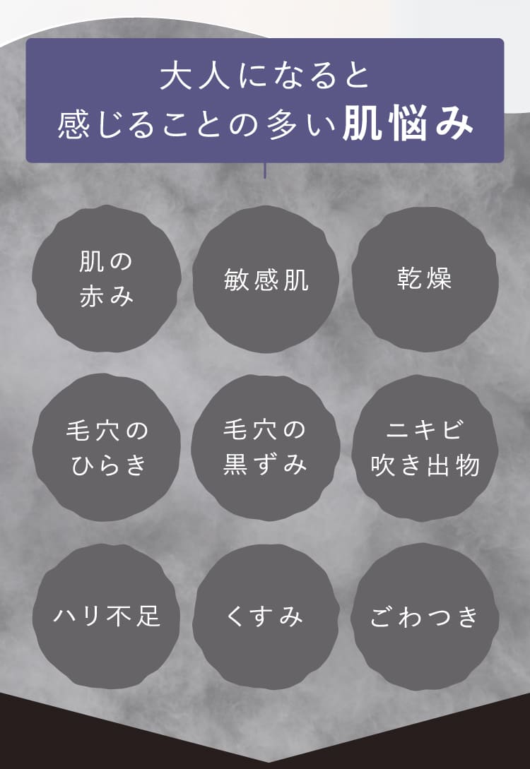 大人になると感じることの多い肌悩み 肌の赤み・敏感肌・乾燥・毛穴のひらき・毛穴の黒ずみ・ニキビ吹き出物・ハリ不足・くすみ・ごわつき