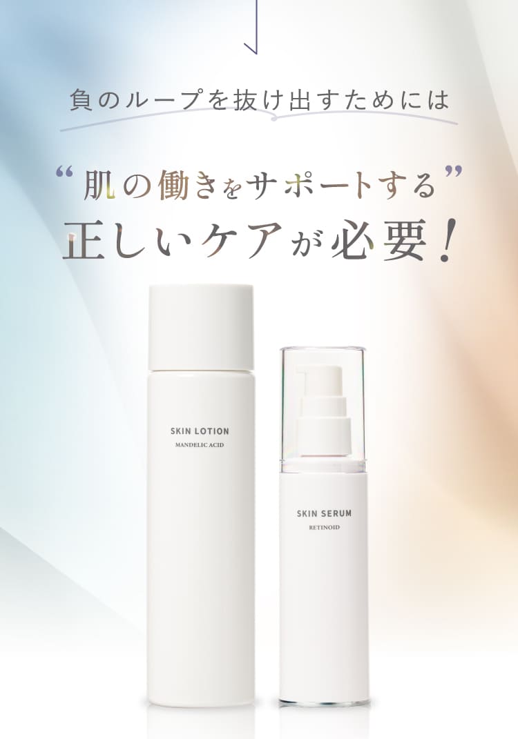負のループを抜け出すためには 肌リズムをやさしく促す正しいケアが必要 SKIN LOTION MANDELIC ACID と SKIN SERUM RETINAL の2本セット