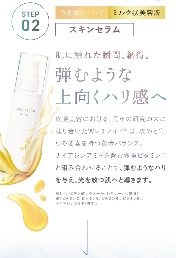 STEP02 うるおい・ハリ ミルク状美容液 スキンセラム 肌に触れた瞬間納得 弾むような上向くハリ感へ Wレチノイド配合