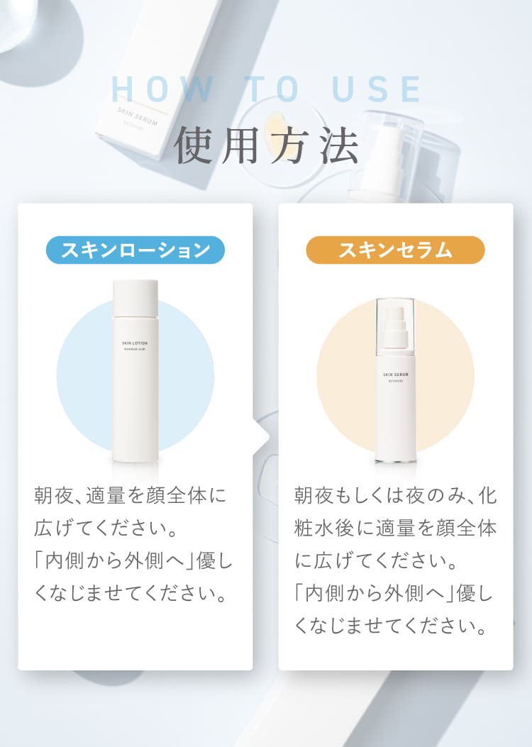 HOW TO USE 使用方法 スキンローション・スキンセラム使用方法説明 朝夜適量を顔全体に広げてください 内側から外側へ優しくなじませてください
