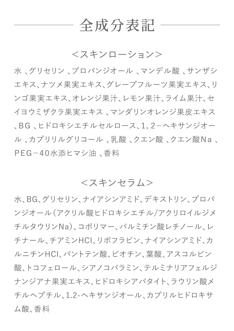 全成分表記 スキンローション・スキンセラム全成分一覧表