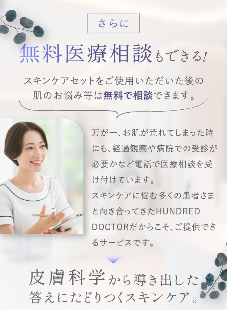 さらに無料医療相談もできる スキンケアセット使用後の肌の悩み等は無料で相談できます