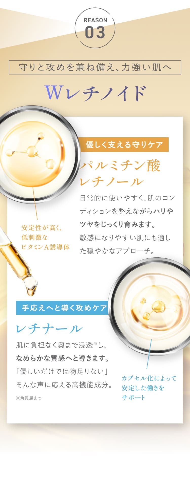 REASON03 守りと攻めを兼ね備え力強い肌へ Wレチノイド パルミチン酸レチノール・レチノール 優しく支える守りケアと手応えへと導く攻めケア カルシウムの力でレチナール分子をカプセル化
