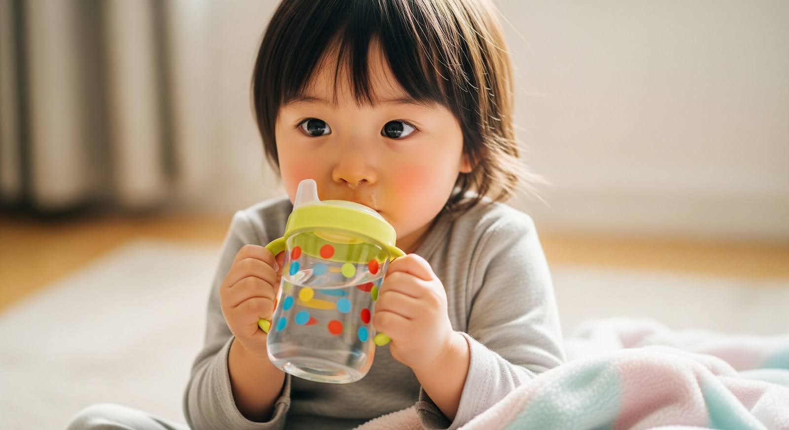 マグカップで水分補給をしている小さな子ども
